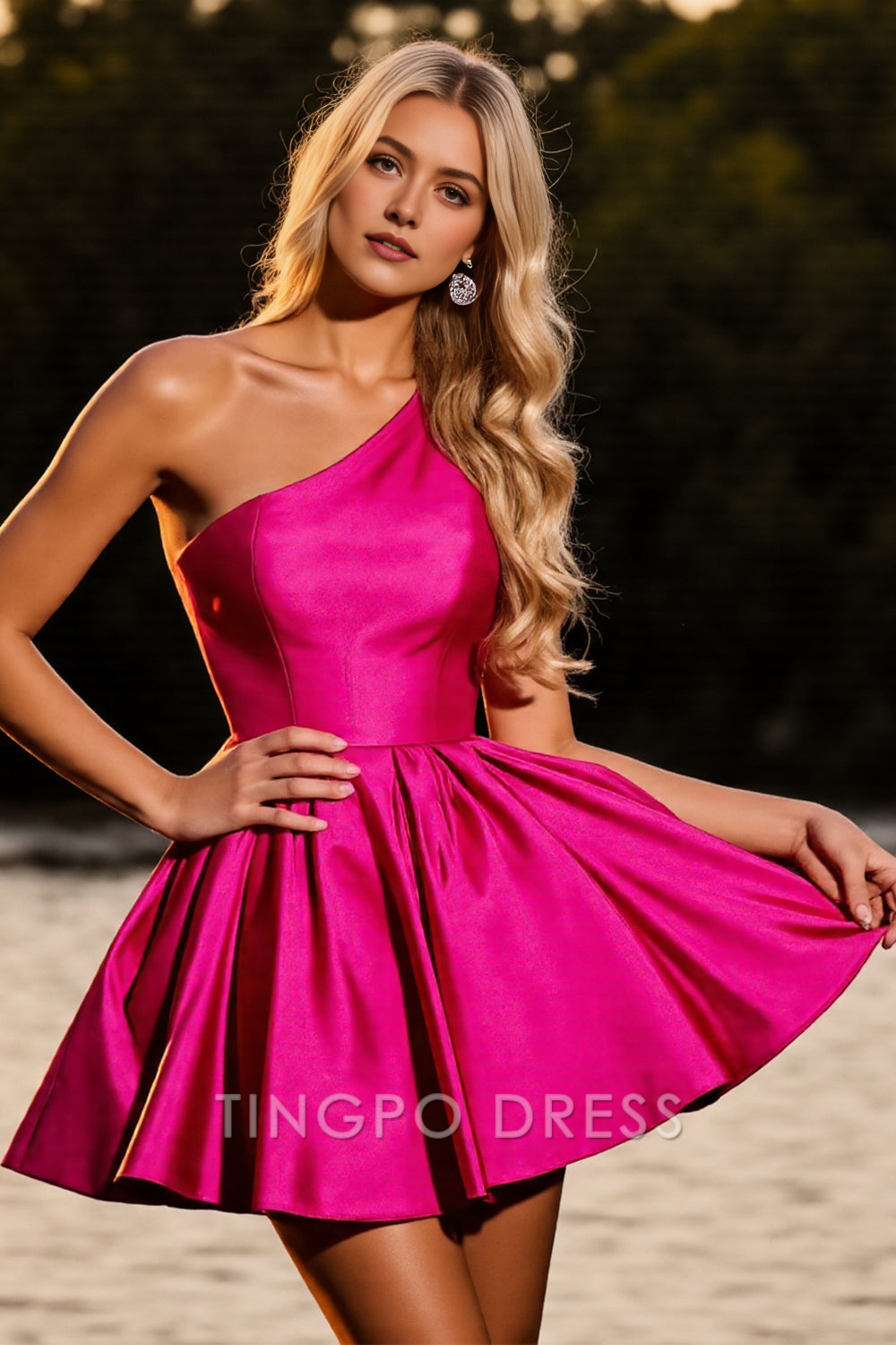 TingPo Wholesale Elegant Satin Fuchsia A Line One Shoulder Short Homecoming Dress formal wear dresses